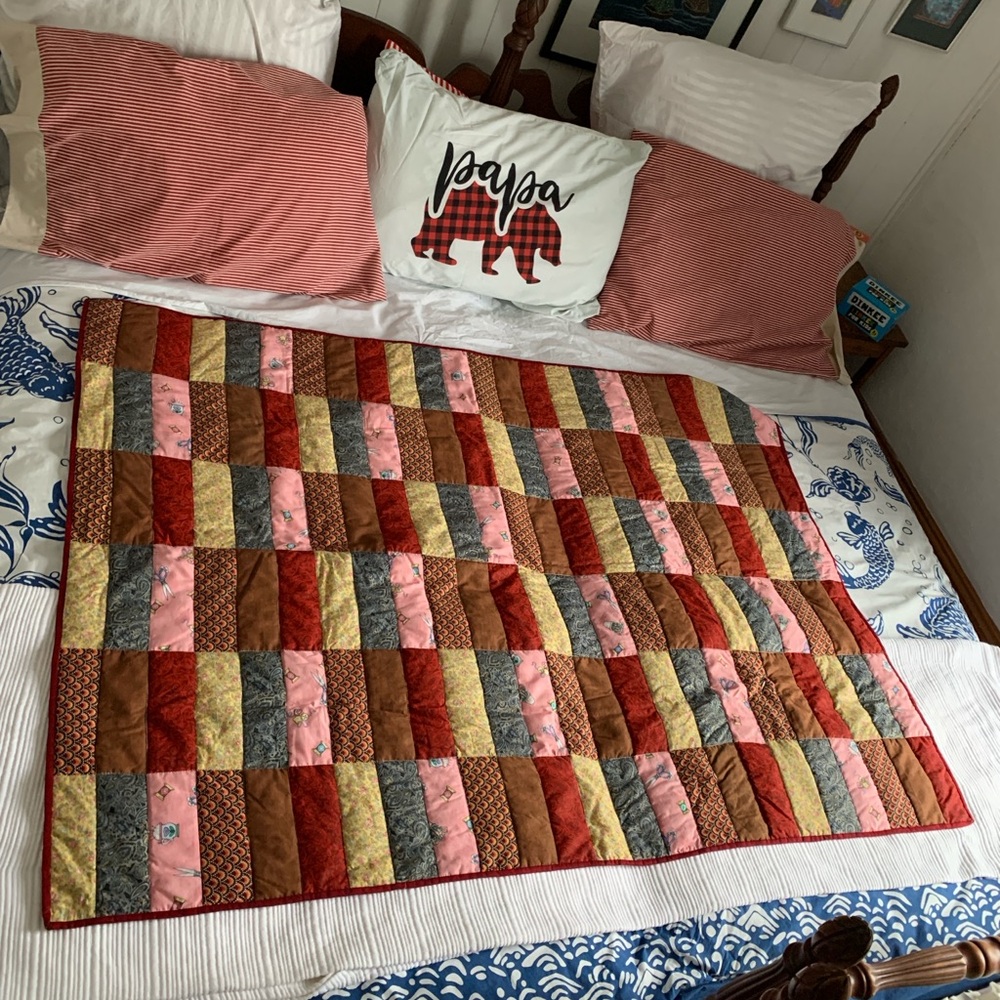 Patchwork Lap Quilt in Red, Brown, and Yellow